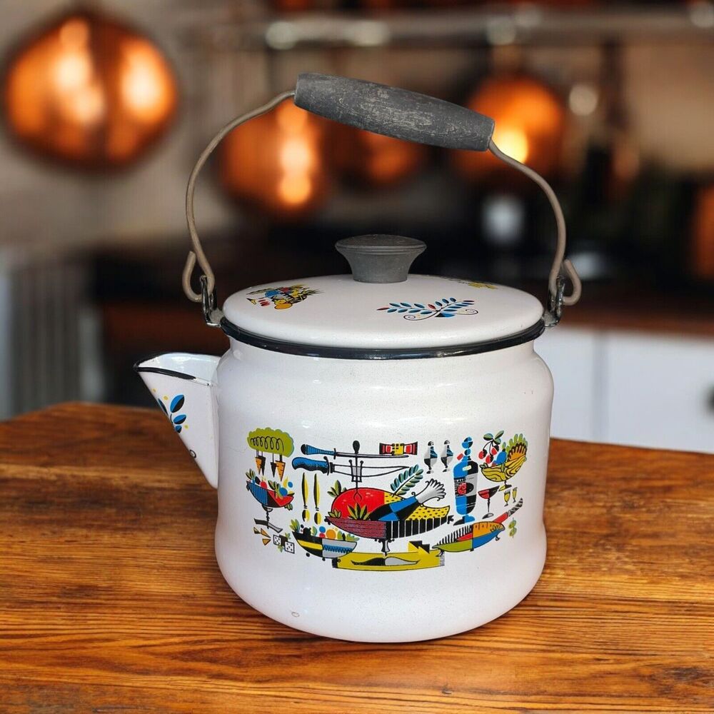 Georges Briard Retro Mid Century Colorful Enamel Tea Kettle Kitchen Graphics